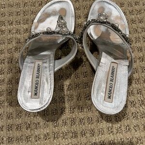 Manolo Blahnik Metallic Silver Embellished Sandals